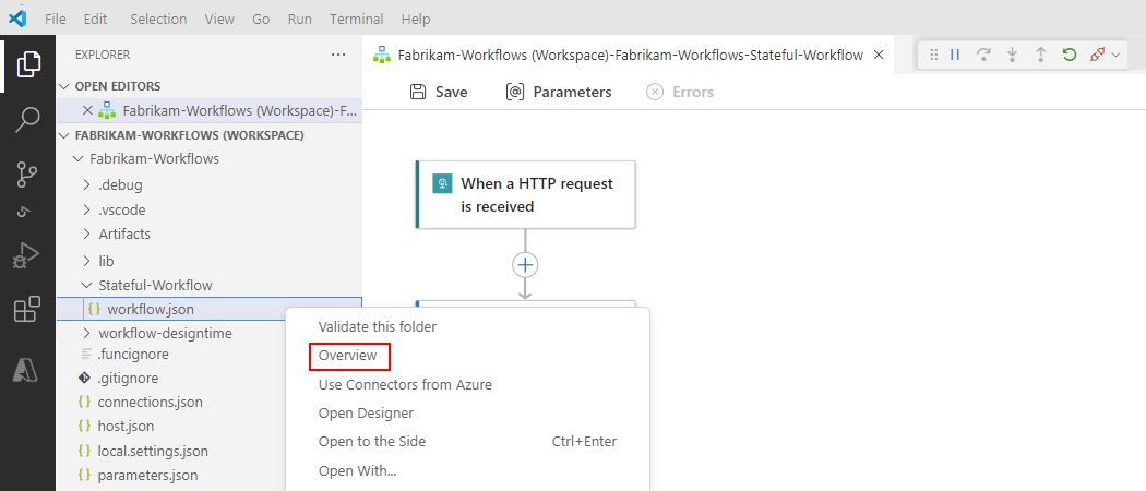 Screenshot shows Explorer pane, workflow.json file's shortcut menu with selected option, Overview.