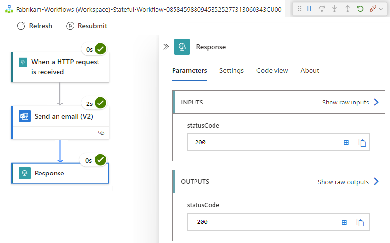 Screenshot shows status for each step in updated workflow plus inputs and outputs in expanded Response action.