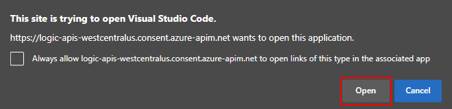 Screenshot shows prompt to open link for Visual Studio Code.