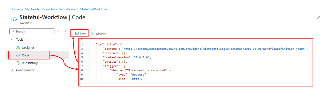 Screenshot of a Logic Apps workflow in Code view, showing the JSON workflow definition being edited in the Azure portal.