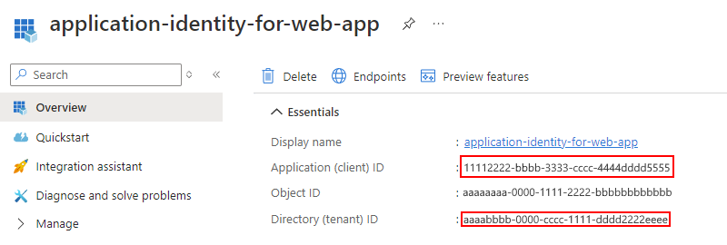 Screenshot shows Overview page open for the web app application identity and selected values for the application (client) ID and directory (tenant) ID.
