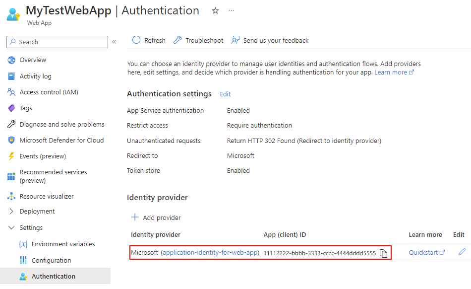 Screenshot shows newly created application identity for web app or API app.