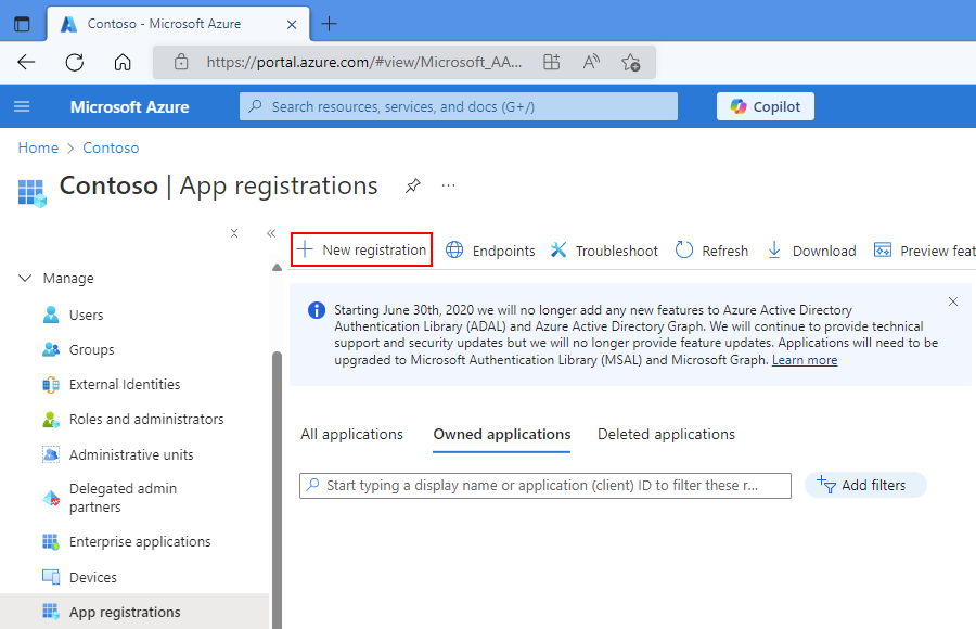 Screenshot shows Azure portal with Microsoft Entra tenant, App registrations pane, and selected command for New registration.