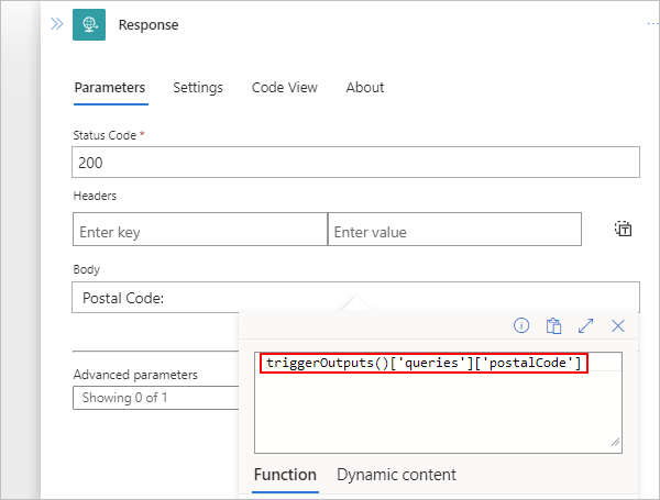 Screenshot shows Standard workflow with Response action and example triggerOutputs expression.