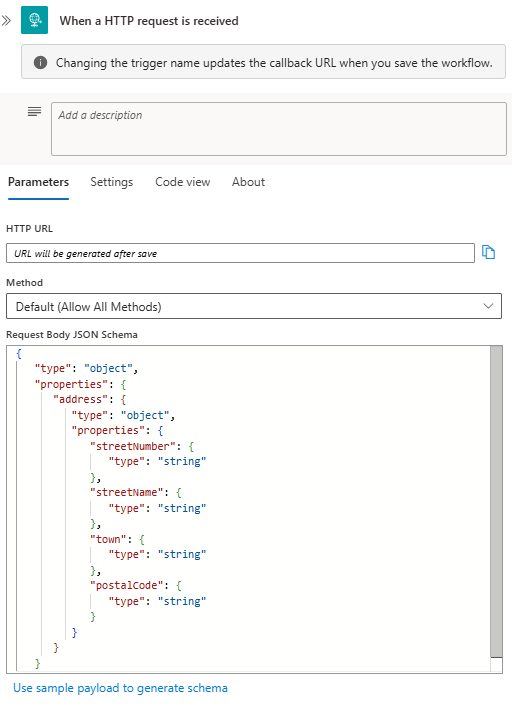 Screenshot shows Consumption workflow with Request trigger and Request Body JSON Schema parameter with example schema.
