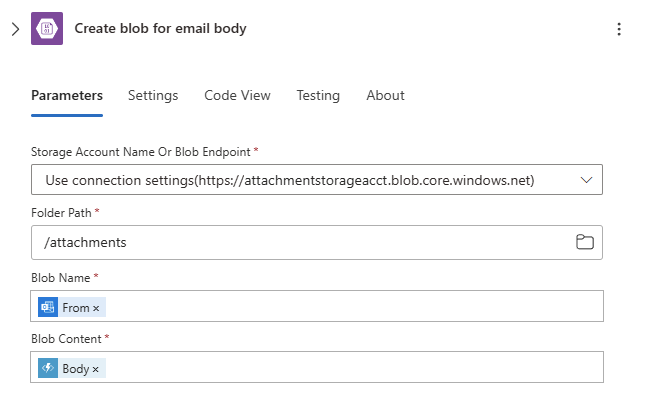 Screenshot shows example email body information for finished Create blob action.