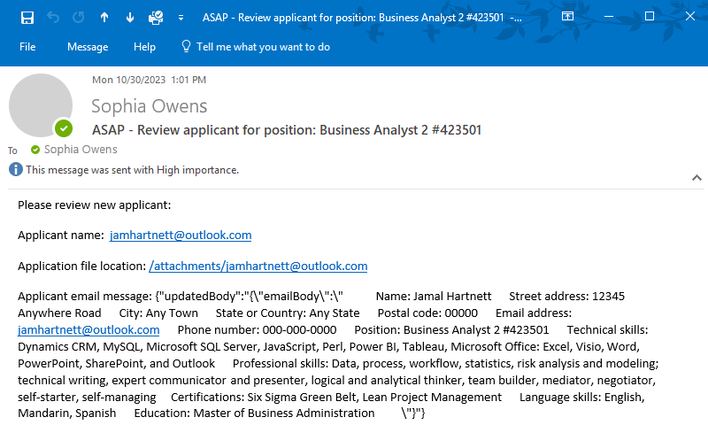 Screenshot shows example email sent by logic app workflow.