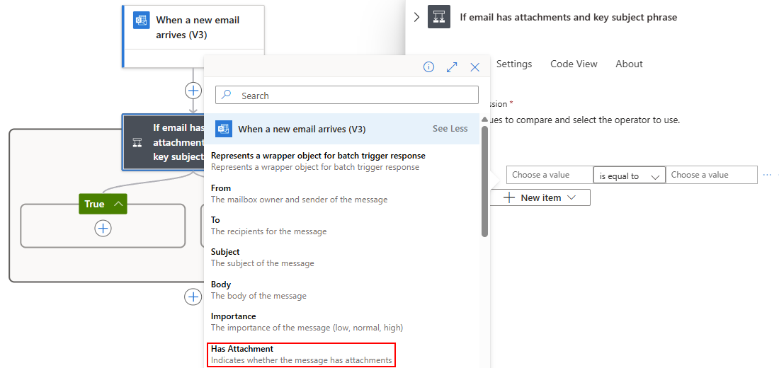 Screenshot shows condition action, second row with cursor in leftmost box, open dynamic content list, and Has Attachment selected.