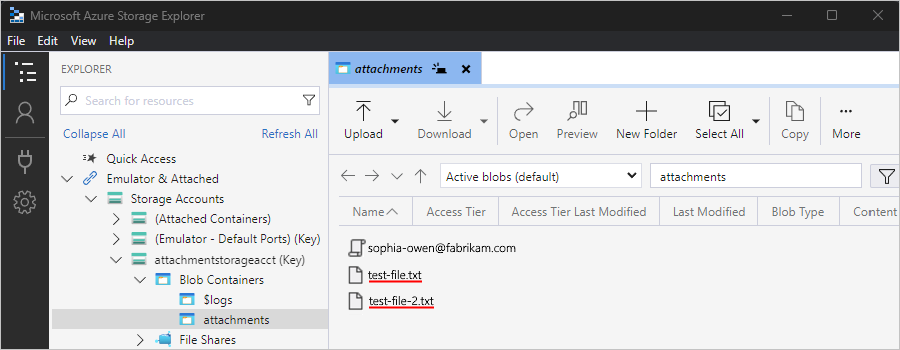 Screenshot shows Storage Explorer and saved email and attachments.