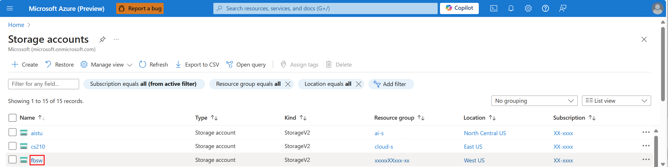 Screenshot showing selection of a specific storage account.