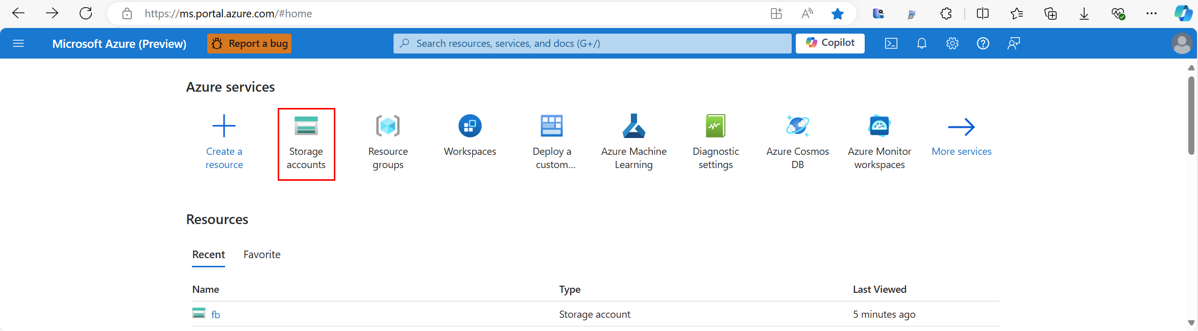 Screenshot showing selection of Storage accounts in the Azure portal.