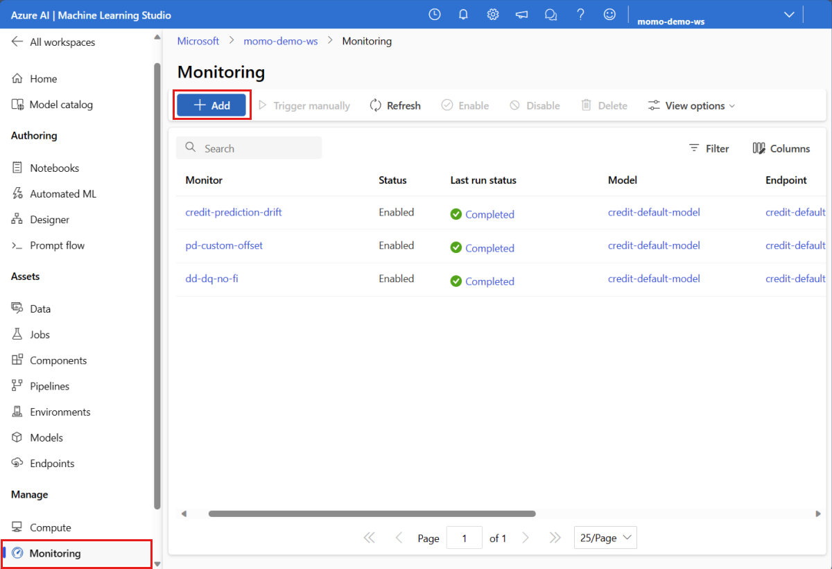 Screenshot showing how to add model monitoring.