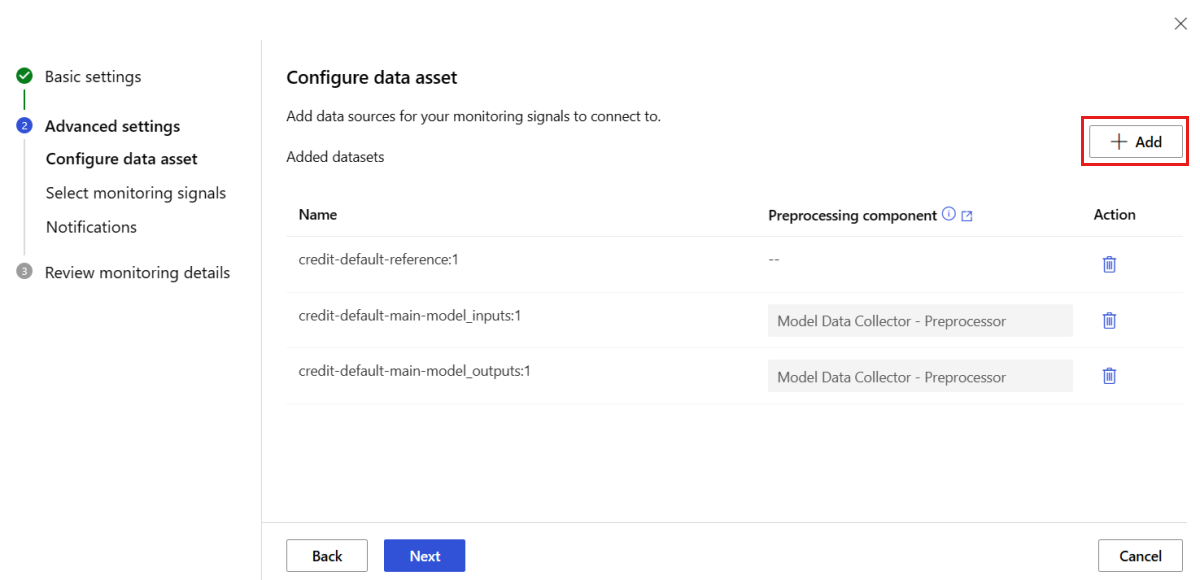Screenshot of the Configure data asset page, with a few data assets listed in a table and the Add button highlighted.