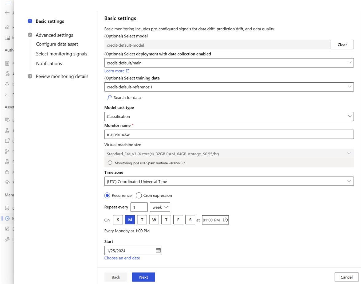 Screenshot of basic settings page for model monitoring.