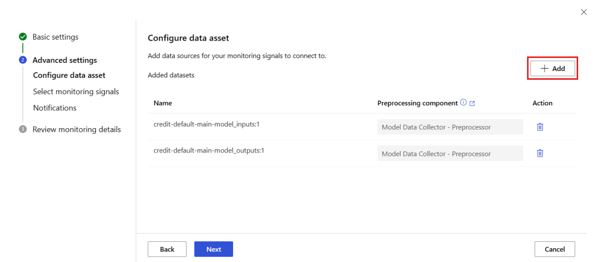 Screenshot of the Configure data asset page. Two configured data assets are visible, and the Add button is highlighted.