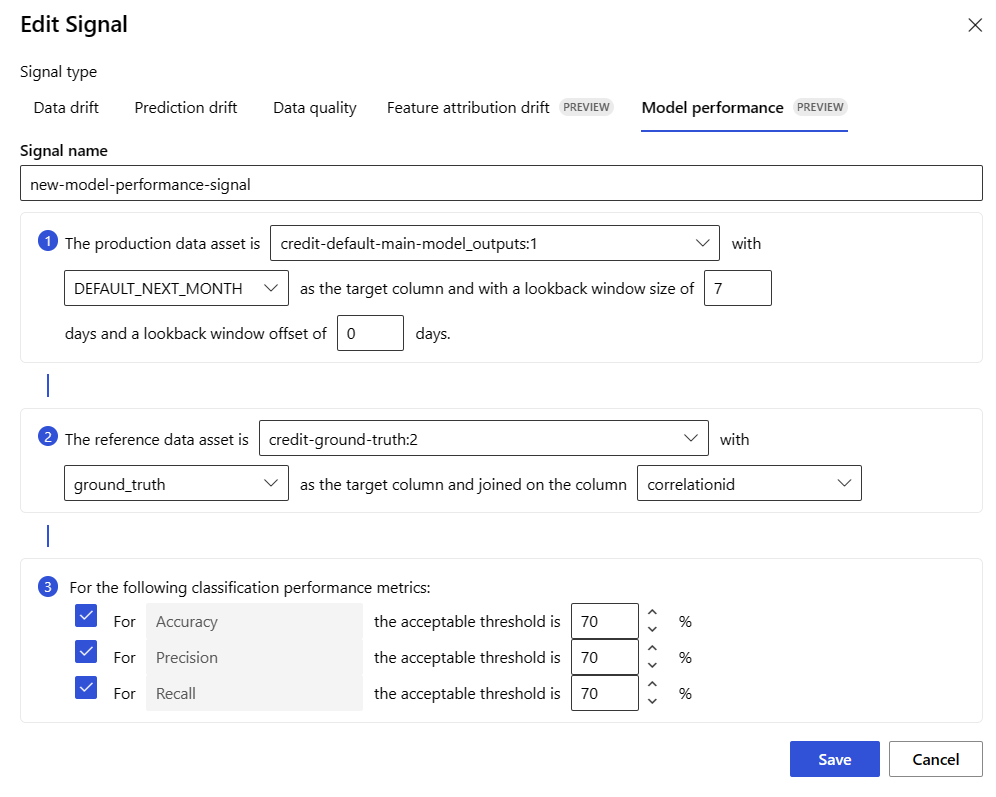 Screenshot of the Edit Signal page. The Model performance tab is open, and three steps are visible that provide a way to configure various settings.