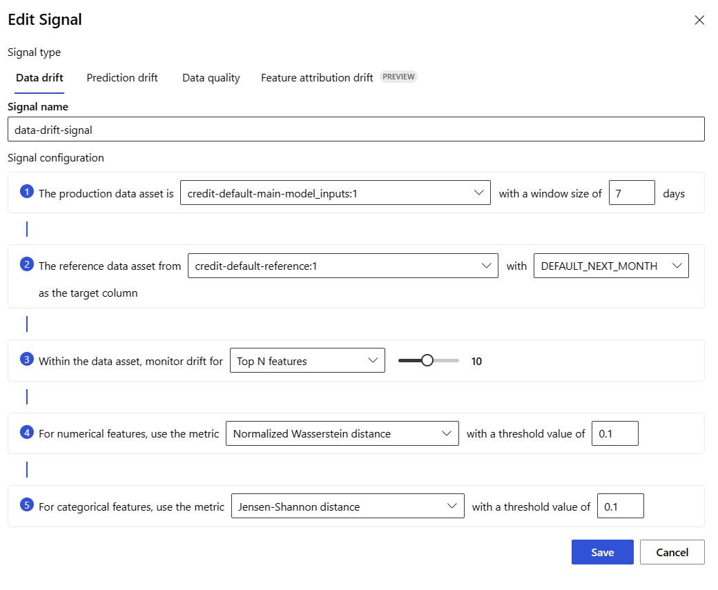 Screenshot of the Edit Signal page for the data drift signal. Five steps are visible that provide a way to configure various settings.