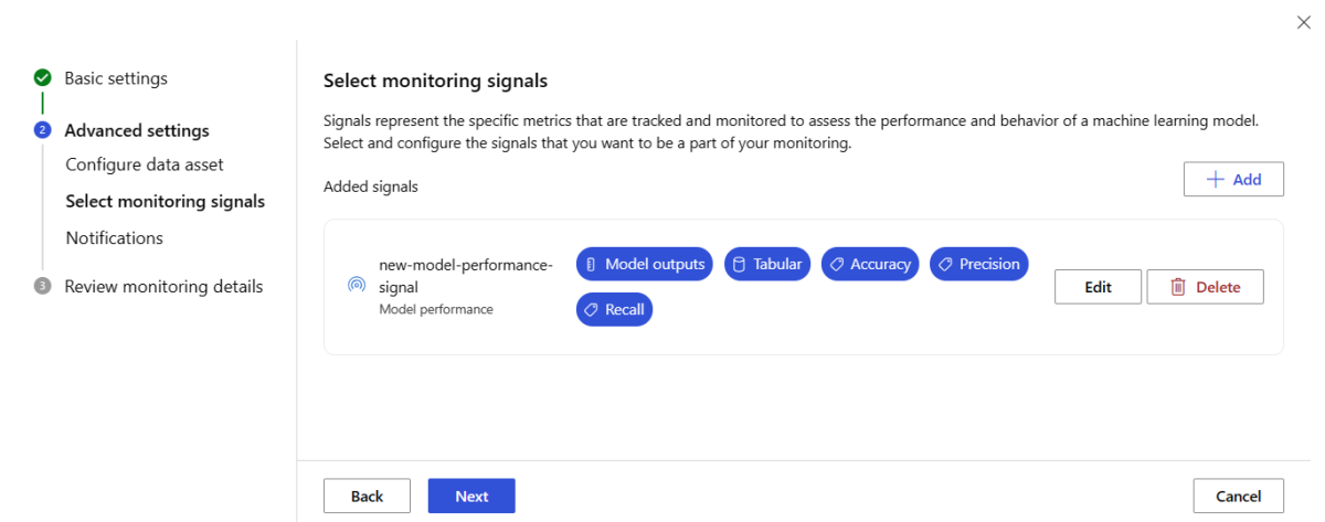 Screenshot of the Select monitoring signals page. A configured model performance signal is visible.