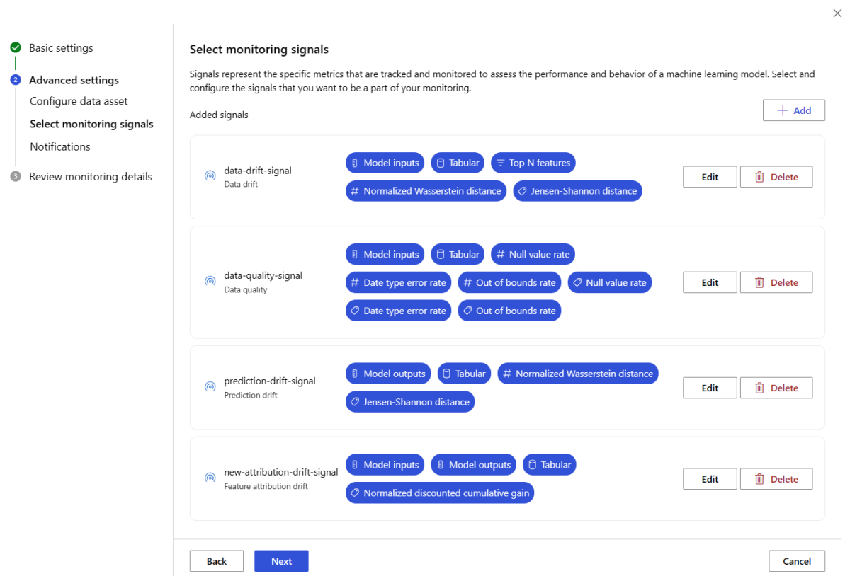 Screenshot of the Select monitoring signals page, with three default signals and the feature attribution drift signal visible.