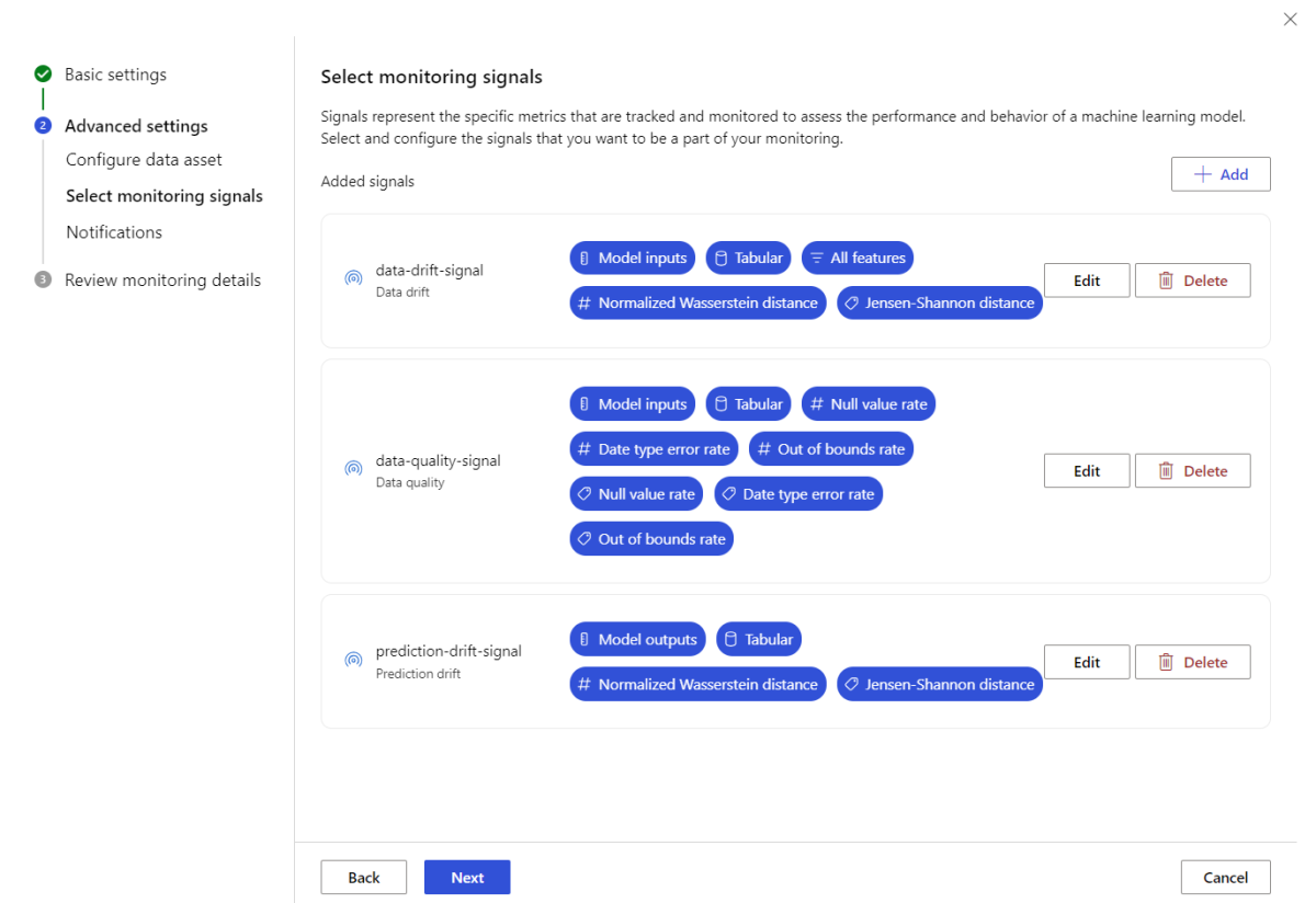 Screenshot of the Select monitoring signals page. Three default monitoring signals and buttons for adding, editing, and deleting signals are visible.