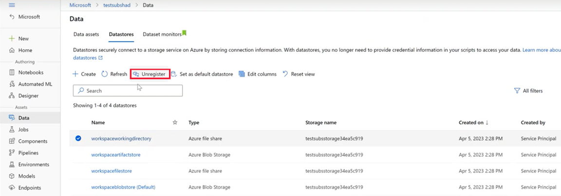 Screenshot of the unregister datastore link.