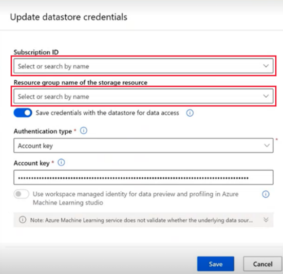 Screenshot of the update datastore credentials dialog.