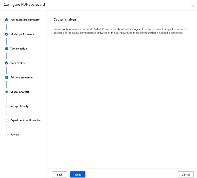 Screenshot of the wizard on scorecard causal analysis configuration.