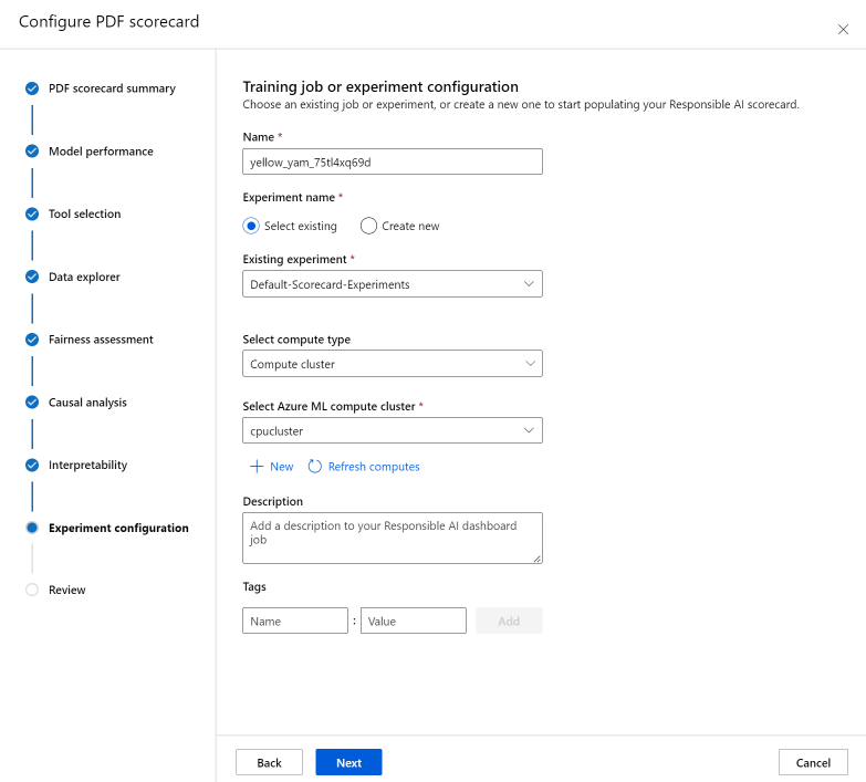 Screenshot of the wizard on scorecard experiment configuration.