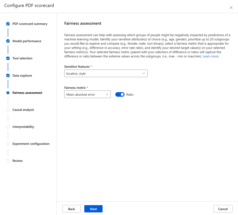 Screenshot of the wizard on scorecard fairness assessment configuration.