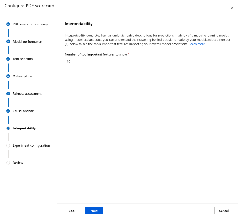 Screenshot of the wizard on scorecard feature importance configuration.