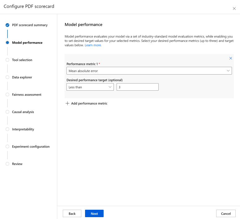 Screenshot of the wizard on scorecard model performance configuration.