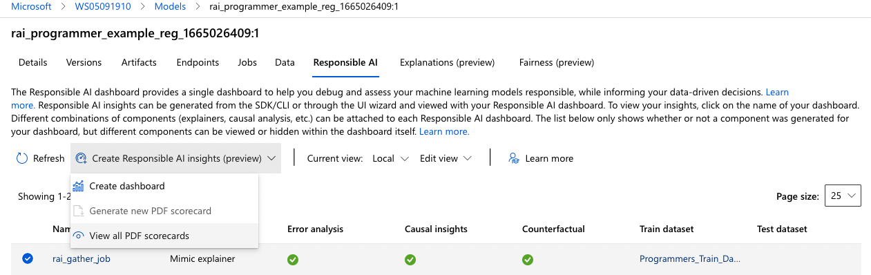 Screenshot of Responsible AI scorecard dropdown.