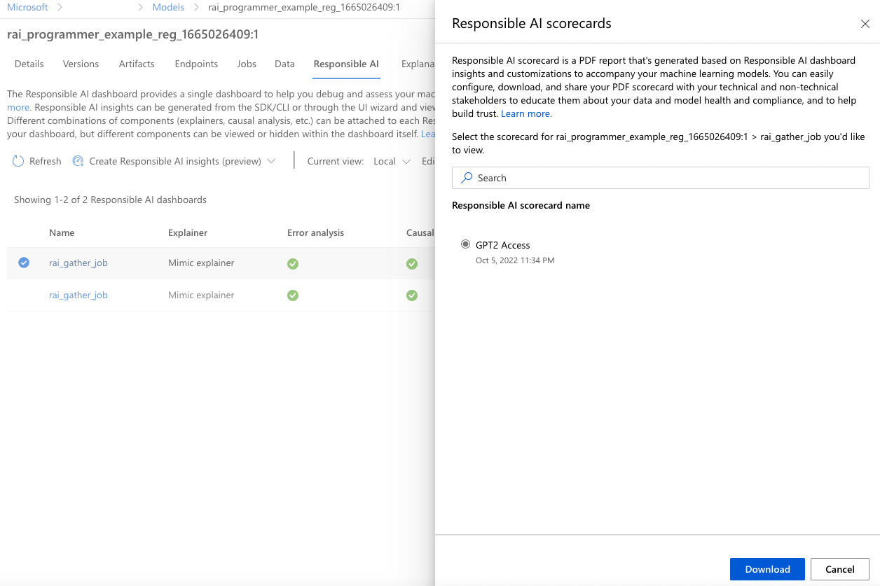 Screenshot of the 'Responsible AI scorecards' pane for selecting a scorecard to download.