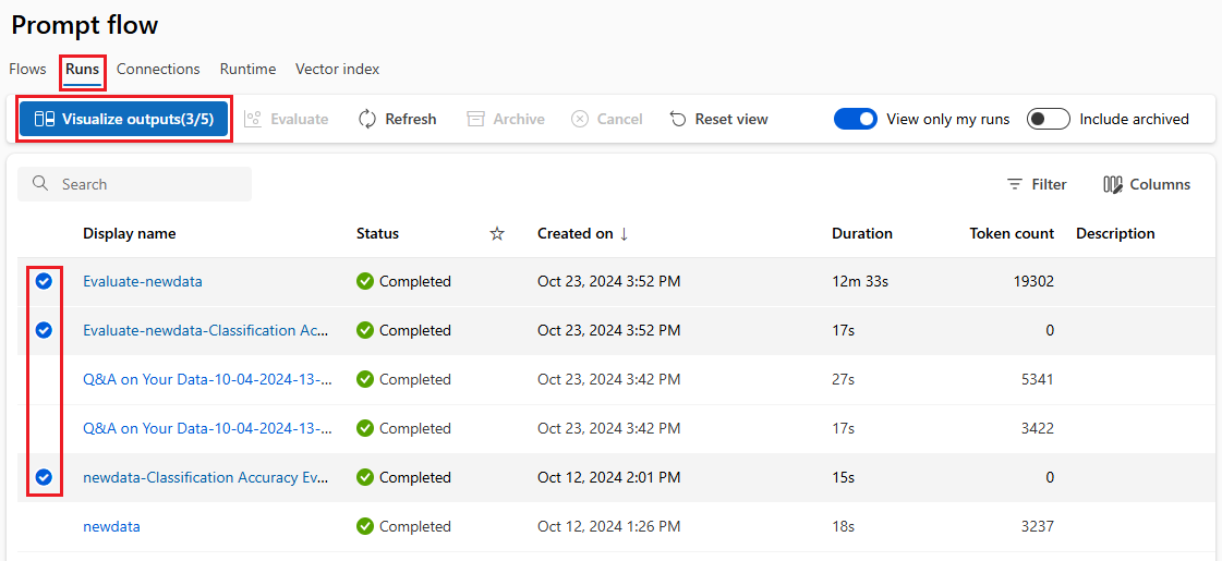 Screenshot of run list in workspace.