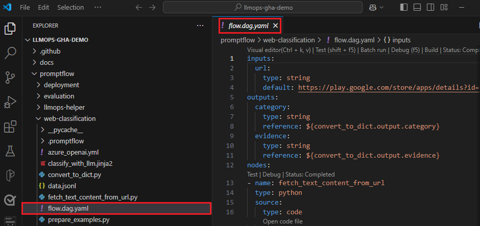 Screenshot of a YAML file in VS Code highlighting the default input and flow directory.