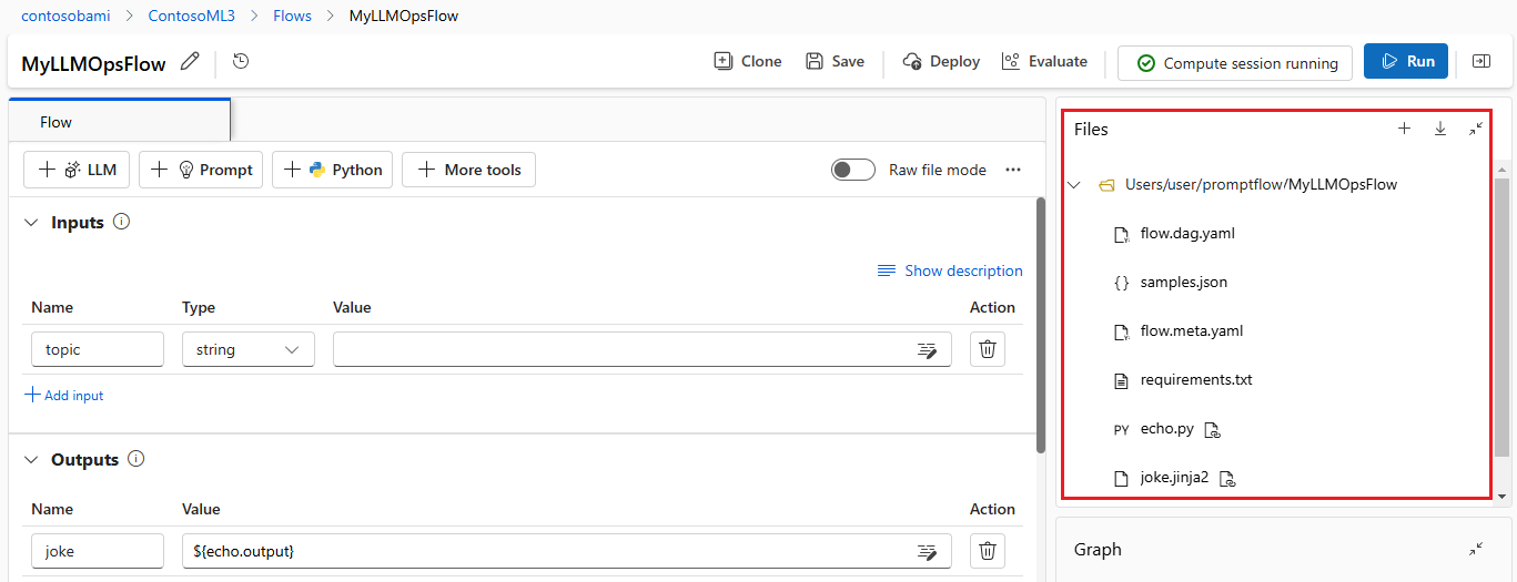 Screenshot of a standard flow authoring page highlighting the Files pane.