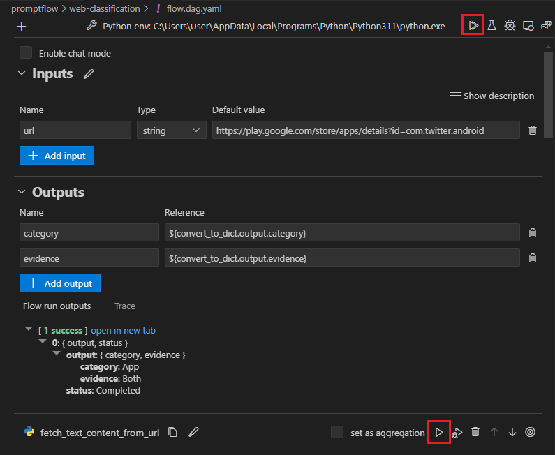 Screenshot of VS Code showing running the flow or a node in the visual editor. 