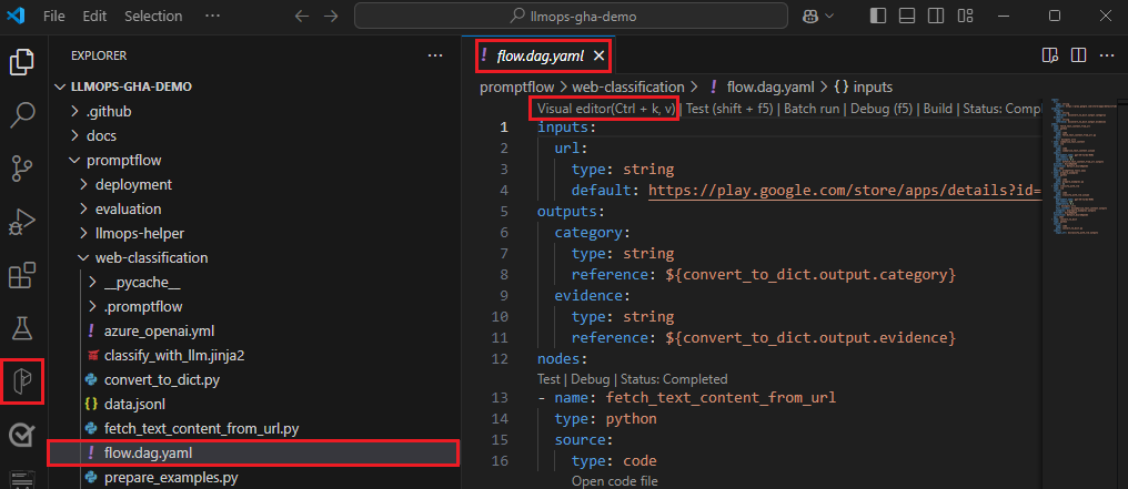 Screenshot of the Visual editor link at the top of a flow definition file in VS Code.