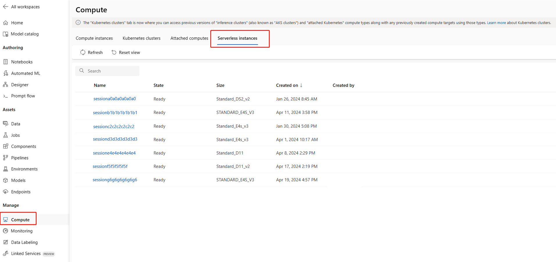 Screenshot of list of serverless instance.