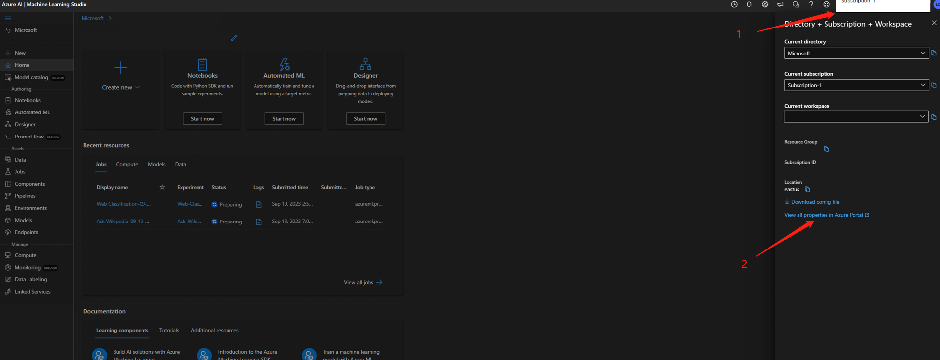 Diagram showing how to go from Azure Machine Learning portal to Azure portal.