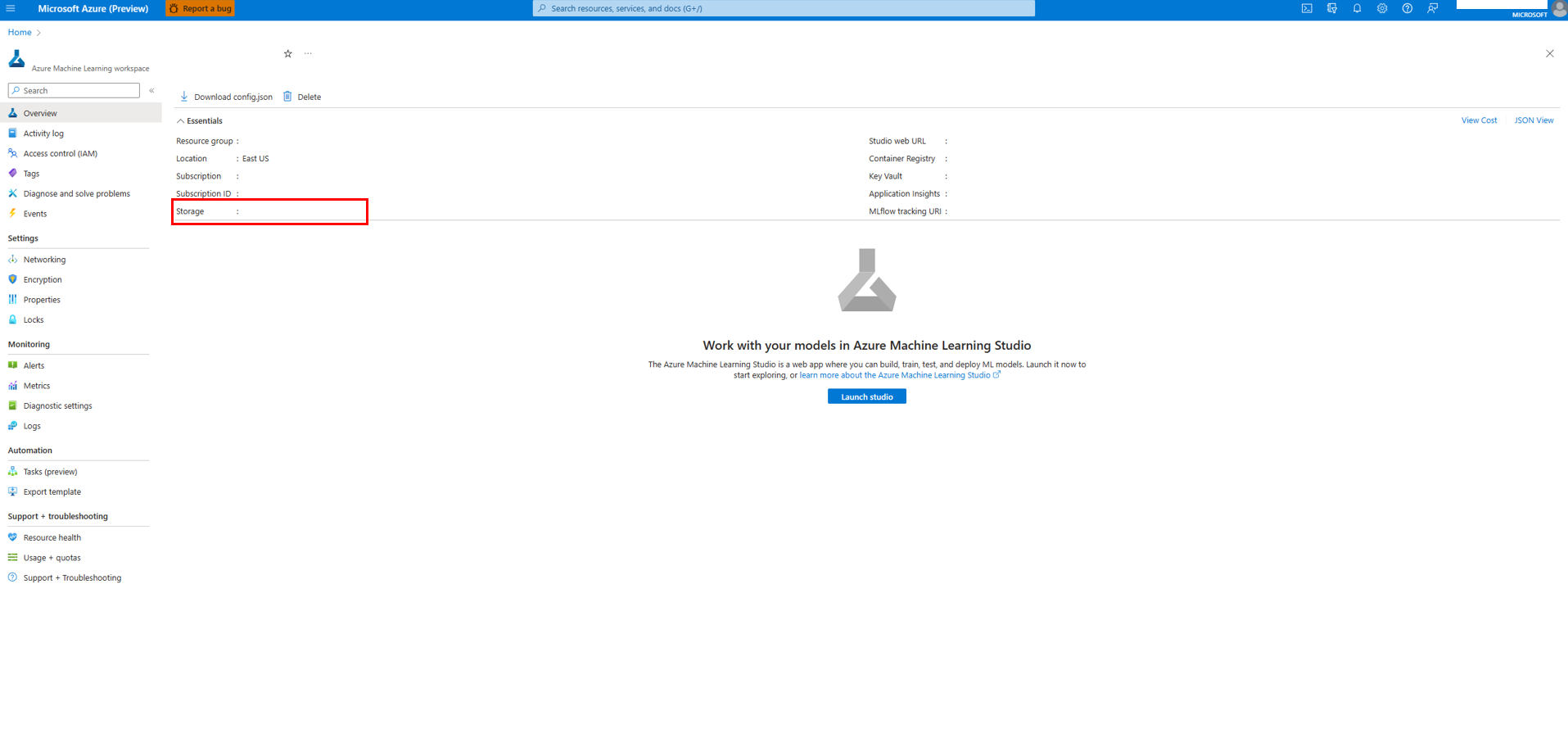 Diagram showing how to find workspace linked storage account in Azure portal.