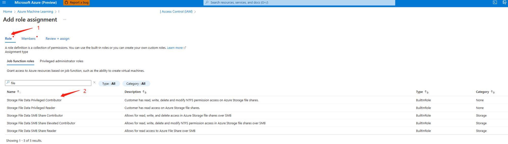 Diagram showing how to find storage file data privileged contributor role.