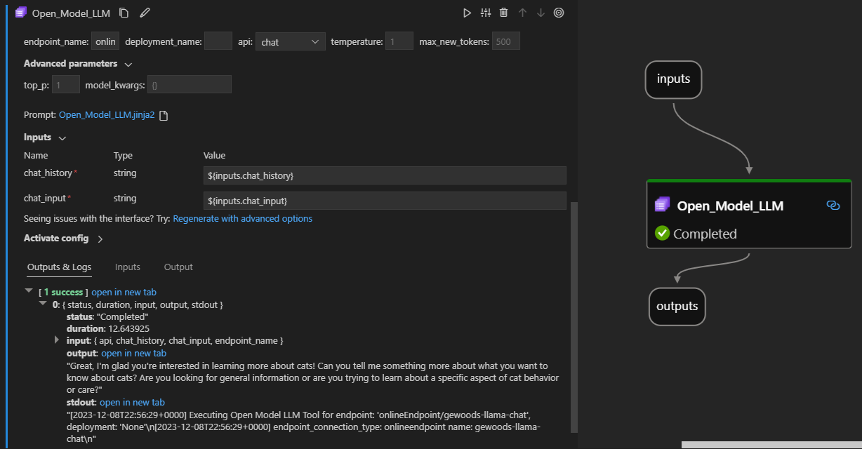 Screenshot that shows the Open Model LLM tool on Visual Studio Code prompt flow extension.