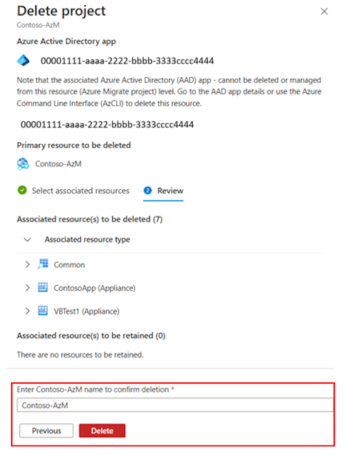 Window appears to review and delete a project.