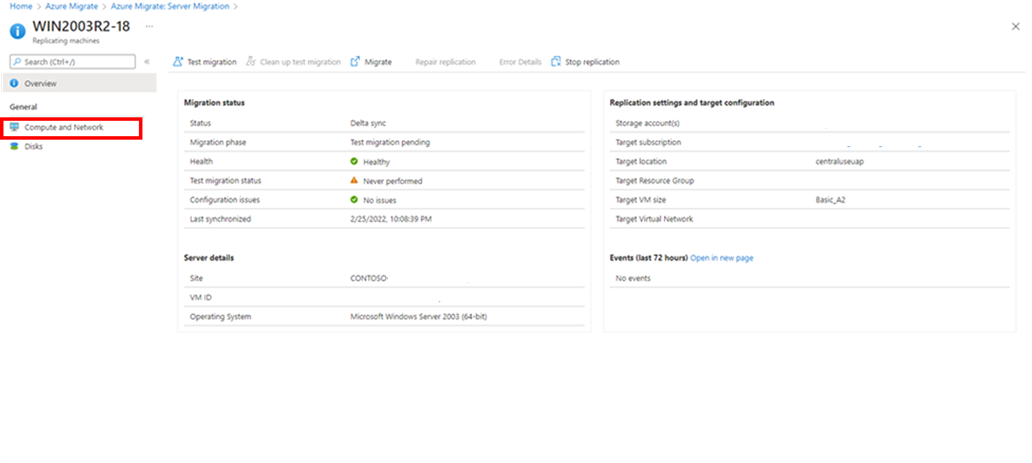 Screenshot shows the ___location of network and compute option on the details page of replicating machine.