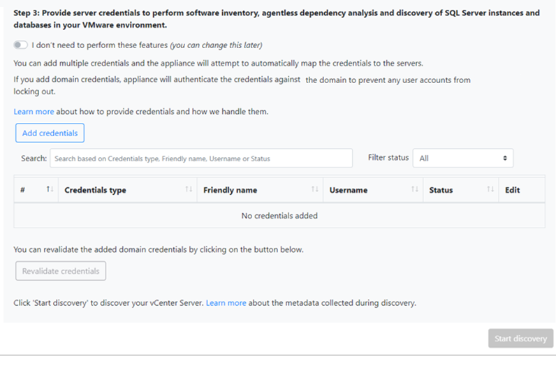 Screenshot that shows providing credentials for software inventory, dependency analysis, and sql server discovery.