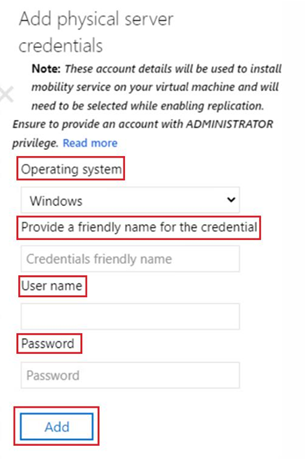 Screenshot shows how to add physical server credentials