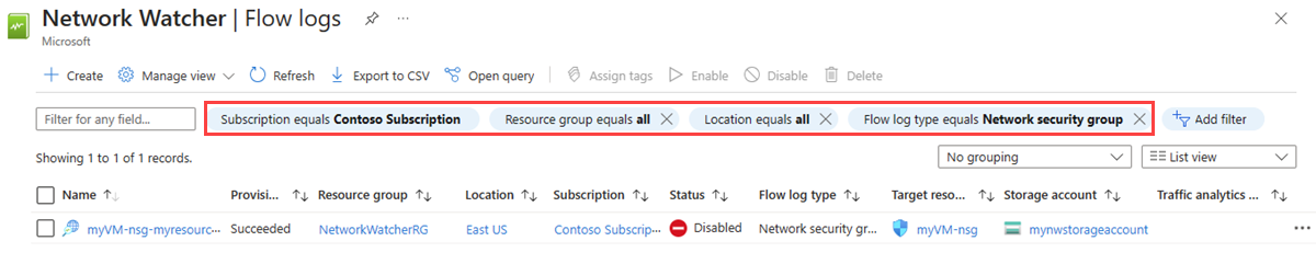 Screenshot that shows how to use a filter to only list network security group flow logs.