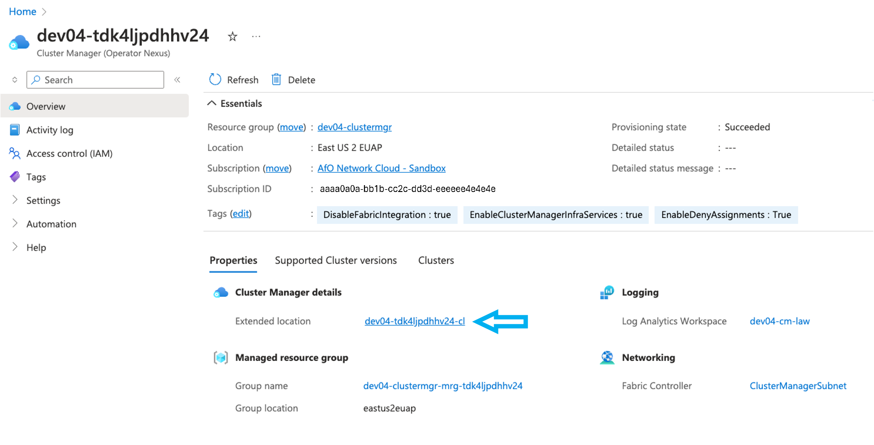 Screenshot that shows the Extended ___location of the cluster manager.
