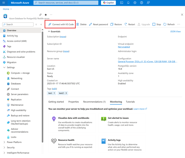 Screenshot of Azure portal showing an Azure Database for PostgreSQL instance with the Connect with VS Code button.